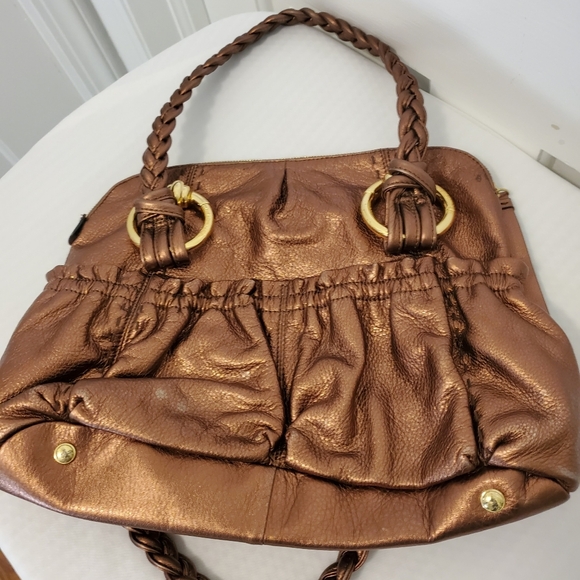 B. Makowsky Copper Metallic Pebble Grain Leather Shoulder Bag Goldtone Hardware - Picture 12 of 12